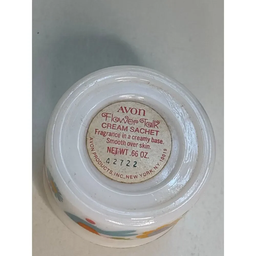 Vintage Avon Flower Talk Cream Sachet .66 oz Hippie 1970s Milk Glass Jar